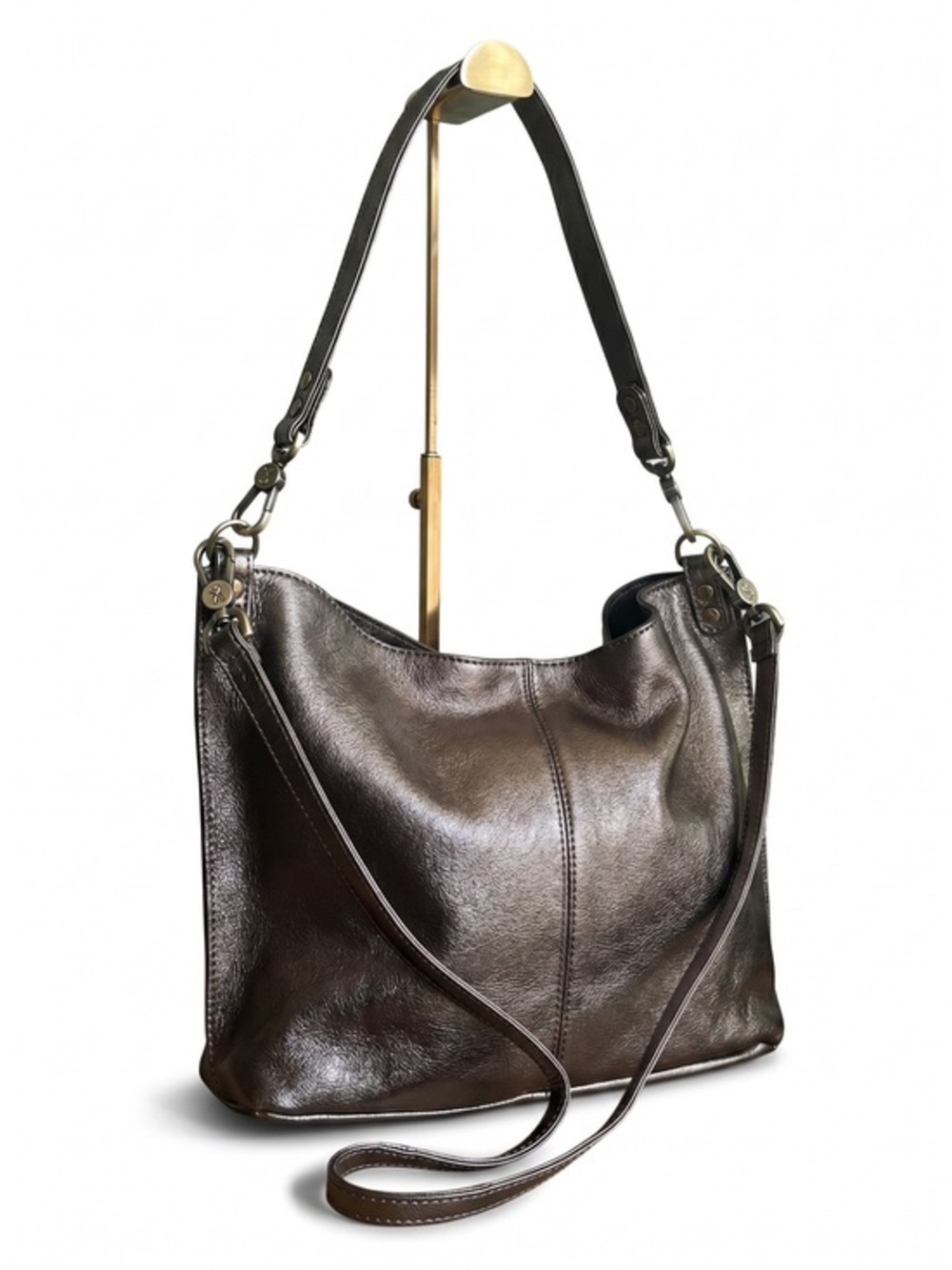HOBO Pier Metallic Gray Embossed Leather Convertible Crossbody Shoulder Bag